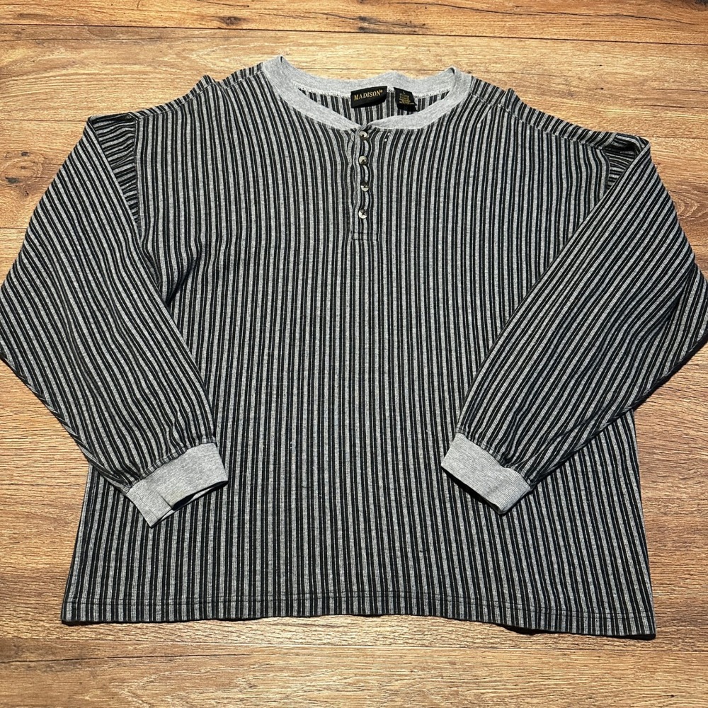 Vintage Madison Grey Black Striped Henley Shirt Mens Large